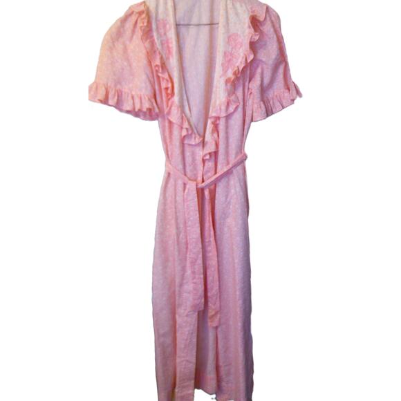 Vintage Country Cottage Pink White Ditsy Floral Ruffle Tie Robe READ - Picture 8 of 9